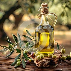 Virgin olives oil in bottle with olives twig