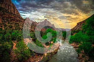 Virgin River and The Watchman Sunset, Zion National Park, Utah