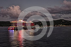 Virgin Voyages Cruise Ship Valiant Lady at Night in St. Croix