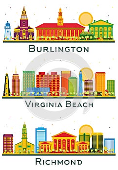 Virginia Beach, Richmond Virginia and Burlington Vermont USA City Skyline Set