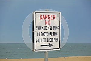 Virginia Beach, U.S - June 29, 2020 - The danger sign to alert the visitors not to swim, surf or bodyboarding 200 feet from the