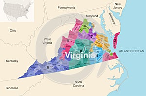 Virginia state counties colored by congressional districts vector map with neighbouring states and terrotories