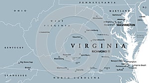 Virginia, VA, gray political map, Old Dominion, Mother of Presidents