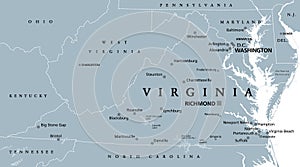 Virginia, VA, gray political map, Old Dominion, Mother of Presidents photo