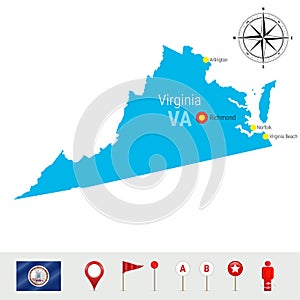 Virginia Vector Map Isolated on White Background. High Detailed Silhouette of Virginia State. Official Flag of Virginia