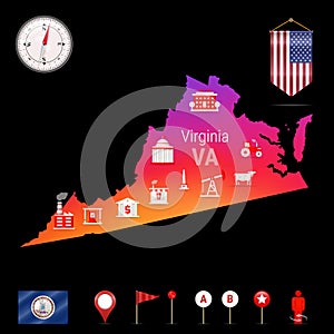 Virginia Vector Map, Night View. Compass Icon, Map Navigation Elements. Pennant Flag of the USA. Industries Icons