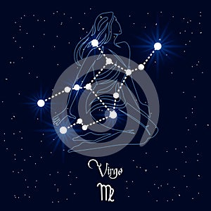 Virgo, constellation and zodiac sign on the background of the cosmic universe. Blue and white design. Illustration vector