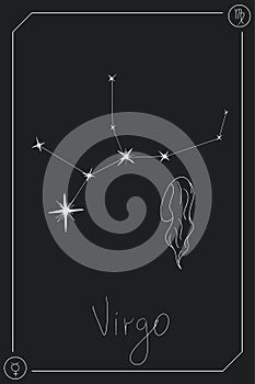 Virgo horoscope card with constellation, zodiac sign and a patronizing planet.