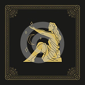 Virgo zodiac astrology woman goddess crescent stars line art deco golden vintage card design vector