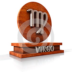 Virgo zodiac sign. 3D illustration of the zodiac sign Virgo made of stone on a wooden stand with the name of the sign at the base.