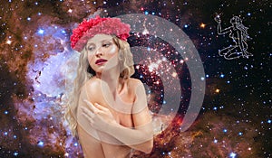 Virgo Zodiac Sign. Astrology and horoscope, Beautiful woman Virgo on the galaxy background