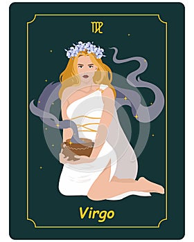 Virgo zodiac sign, a beautiful magical woman in a white dress with a magic bowl on a background with stars. Astrological poster