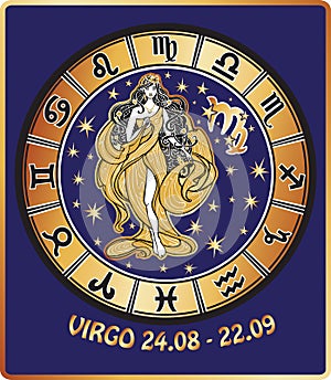 Virgo zodiac sign.Horoscope circle.Retro Illustration
