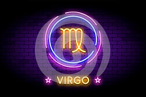 The Virgo zodiac symbol in neon style on a wall.