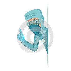 Virologist doctor character protective medical suit peek around the corner cartoon vector design illustration