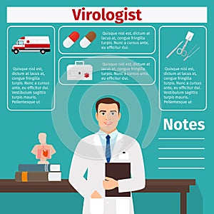 Virologist and medical equipment icons