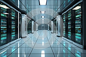 Virtual 3D depiction white server center housing computer storage systems