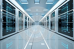 Virtual 3D depiction white server center housing computer storage systems