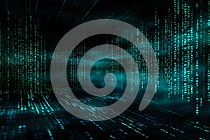 Virtual abstract digital binary code background. Walls made of screen monitors. Big data concept.