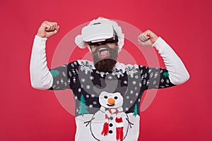 Virtual achievement. Future technologies. Virtual life. Man celebrate christmas virtual reality device. Gadgets review