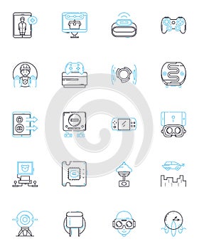 Virtual analytics linear icons set. Analysis, Metrics, Data, Visualization, Insights, Interpretation, Intelligence line