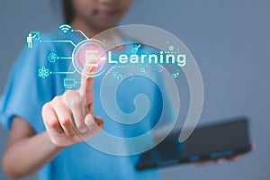 Virtual artificial intelligence E-learning technology global network connection.Online education, webinar,