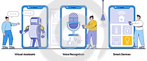 Virtual Assistant, Voice Recognition, Smart Devices Concept with Character. Digital Companions Abstract Vector Illustration Set.