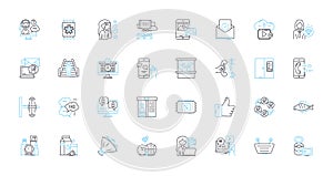 Virtual assistants linear icons set. Automation, Productivity, Efficiency, Communication, Organization, Innovation