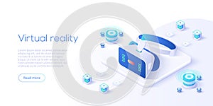 Virtual or augmented reality concept in isometric vector illustration. VR/AR glasses connection to network. Headset technology web