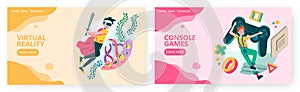Virtual and augmented reality game technology. Console game controller. Gamer concept illustration. Vector web site