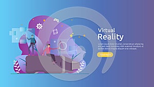 Virtual augmented reality. people character touching VR interface and wearing goggle playing games, education, entertaining,