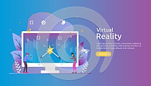 Virtual augmented reality. people character touching VR interface and wearing goggle playing games, education, entertaining,