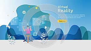 Virtual augmented reality. people character touching VR interface and wearing goggle playing games, education, entertaining,