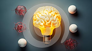 Virtual brain in a light bulb Creative thinking idea to solve problems from learning knowledge concepts, AI generated