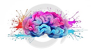 Virtual brain with splash paint isolated on white banner. Brains