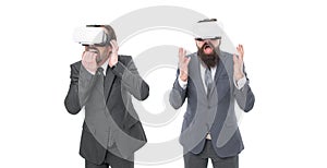 Virtual business. Online business concept. Men bearded formal suits. Digital technologies. Business innovation. Vr
