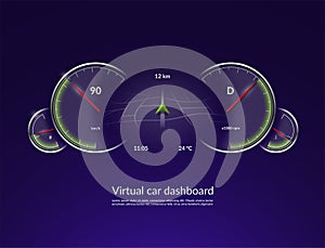 Virtual car dashboard concept. HUD vehicle interface with navigation mode. Vector illustration