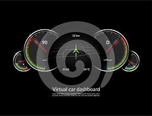 Virtual car dashboard concept. HUD vehicle interface with navigation mode. Vector illustration