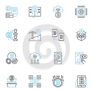 Virtual cash linear icons set. Cryptocurrency, Blockchain, Digital, Decentralized, Cashless, Bitcoin, Ether line vector