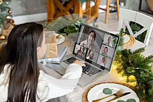 Virtual Christmas meeting team teleworking. Family video call remote conference Computer webcam screen view. party