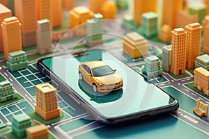 Virtual city and car in smartphone screen. Augmented reality. Generative AI