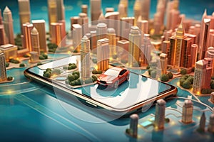 Virtual city and car in smartphone screen. Augmented reality. Generative AI
