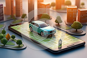 Virtual city and car in smartphone screen. Augmented reality. Generative AI