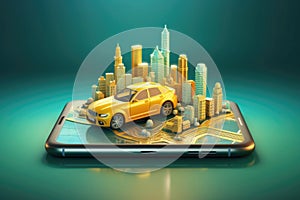 Virtual city and car in smartphone screen. Augmented reality. Generative AI