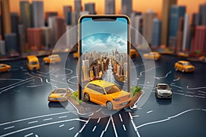 Virtual city and car in smartphone screen. Augmented reality. Generative AI