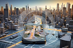 Virtual city and car in smartphone screen. Augmented reality. Generative AI