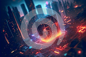 Virtual city in metaverse with big data processor and neon lights. Central computer digital electronic system.