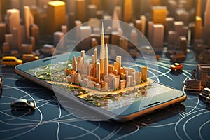 Virtual city in smartphone screen. Augmented reality cityscape. Generative AI