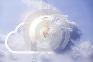 Virtual cloud computing and actual clouds with blue sky.Cloud computing is system for sharing download and upload big data