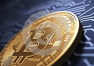Virtual Coin Bitcoin On Background Of Blue Printed Circuit Board photo